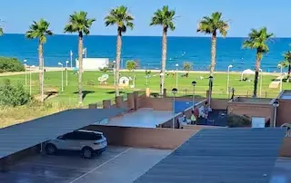 Terraza con vistas al mar y palmeras